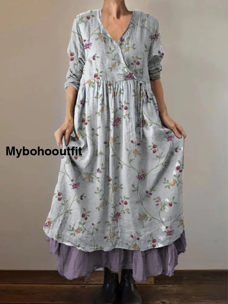 Retro Boho Floral Print Vintage V-Neck Double Hemline Cotton Long Sleeve Midi Dress A / S