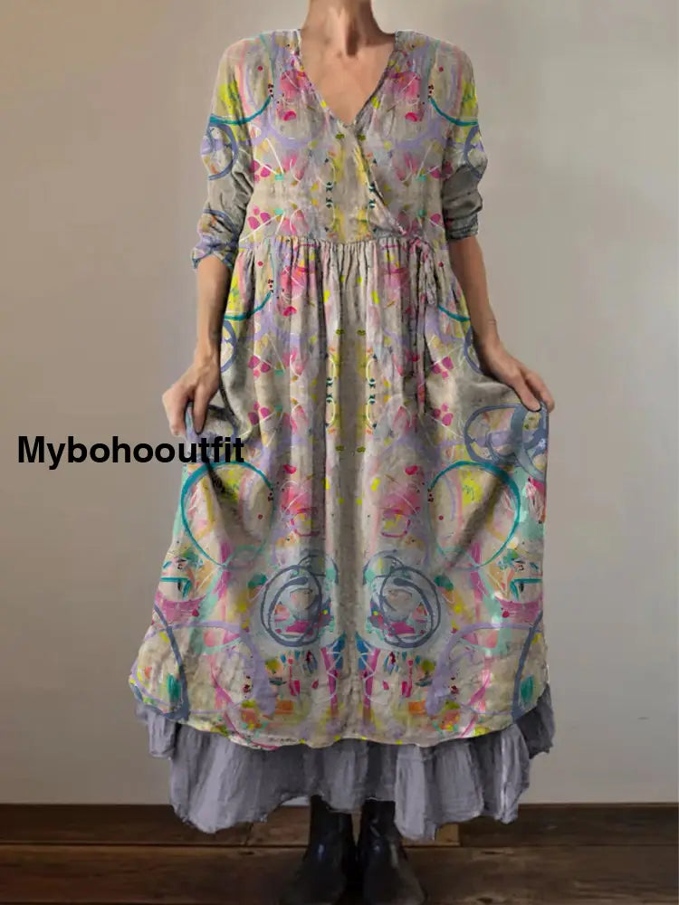 Retro Boho Floral Print Vintage V-Neck Double Hemline Cotton Long Sleeve Midi Dress A / S