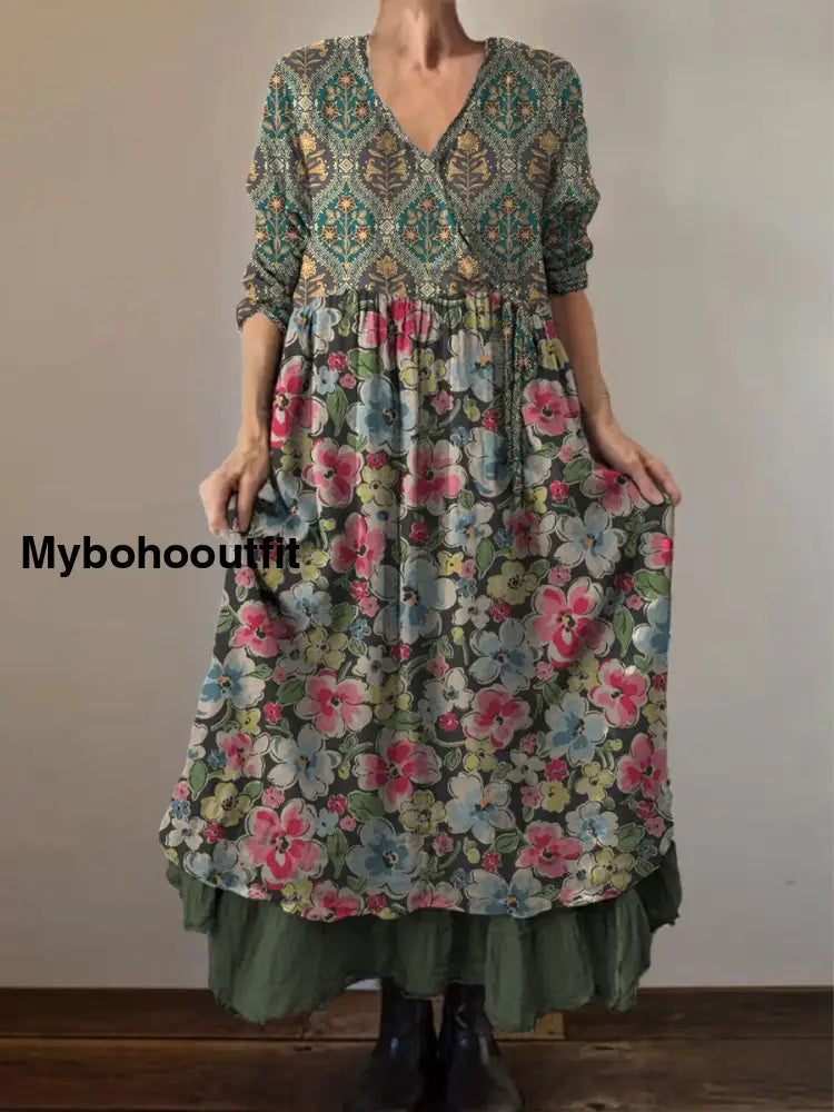 Retro Boho Floral Print Vintage V-Neck Double Hemline Cotton Long Sleeve Midi Dress A / S