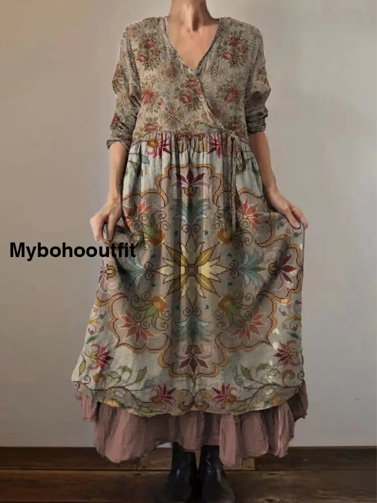 Retro Boho Floral Print Vintage V-Neck Double Hemline Cotton Long Sleeve Midi Dress A / S