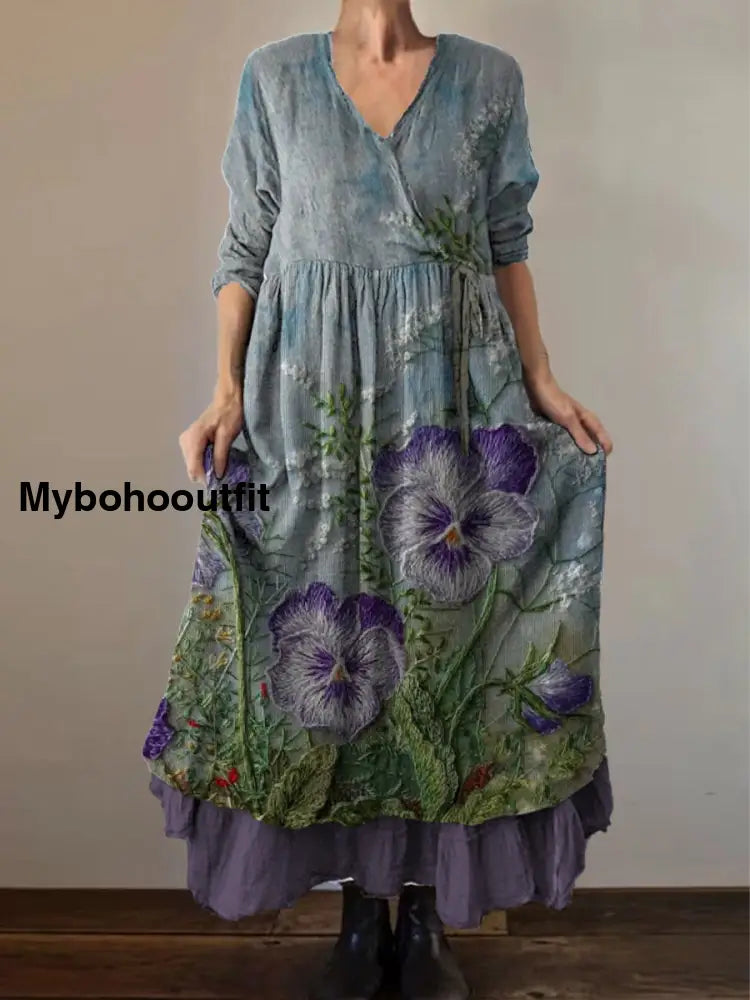 Retro Boho Floral Print Vintage V-Neck Double Hemline Cotton Long Sleeve Midi Dress A / S