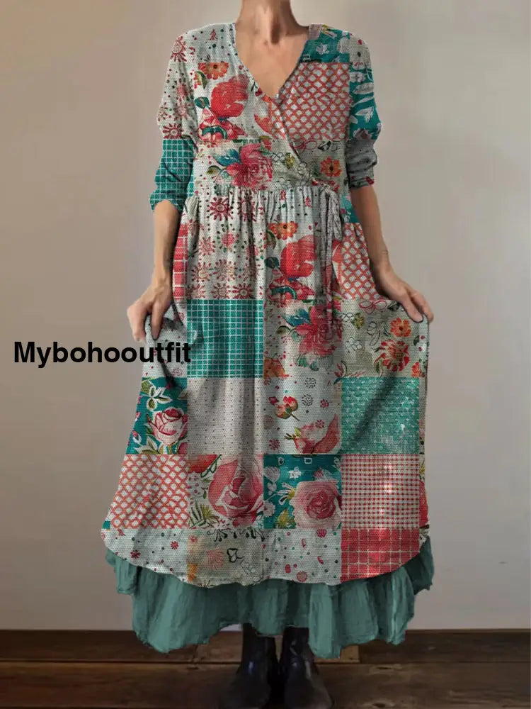 Retro Boho Floral Print Vintage V-Neck Double Hemline Cotton Long Sleeve Midi Dress A / S