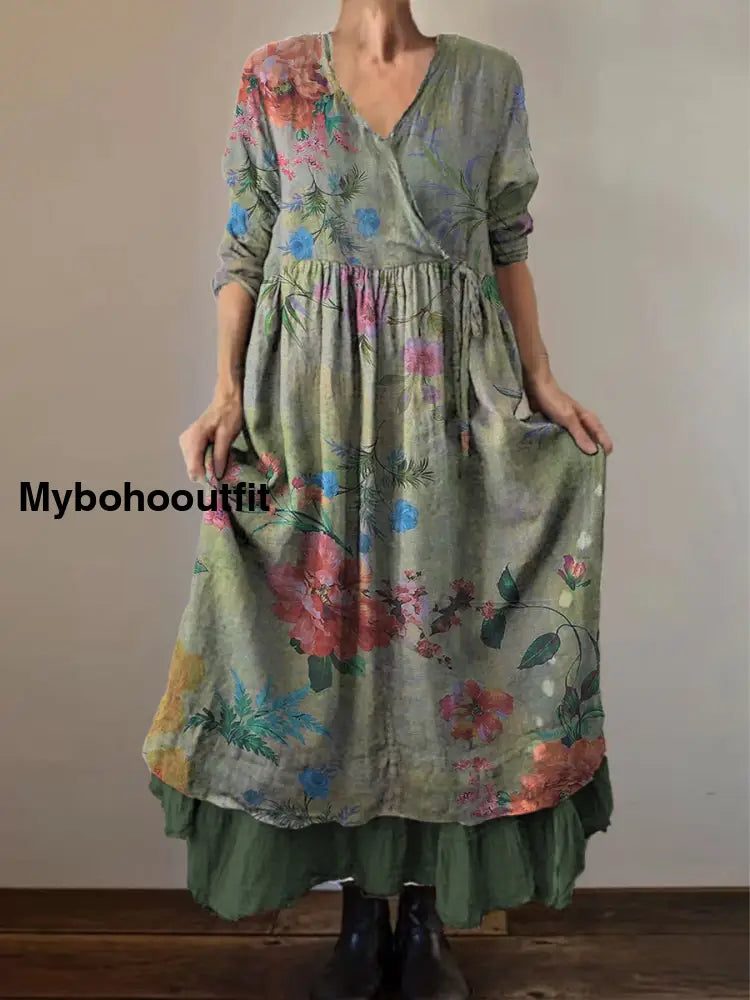 Retro Boho Floral Print Vintage V-Neck Double Hemline Cotton Long Sleeve Midi Dress A / S