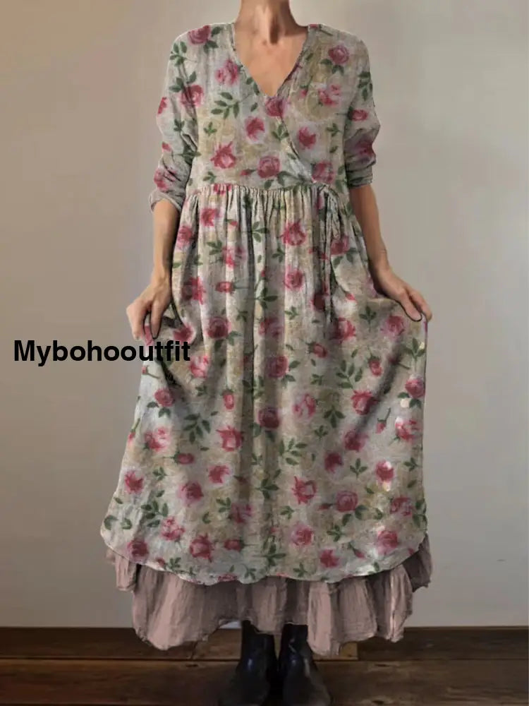 Retro Boho Floral Print Vintage V-Neck Double Hemline Cotton Long Sleeve Midi Dress A / S