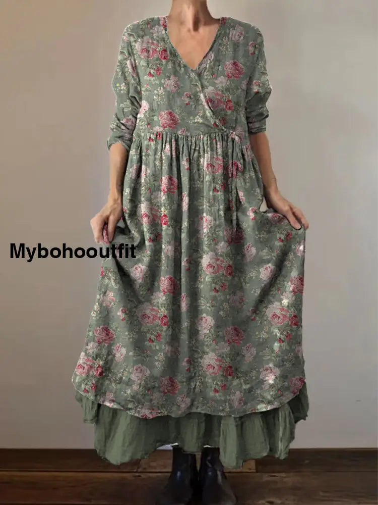 Retro Boho Floral Print Vintage V-Neck Double Hemline Cotton Long Sleeve Midi Dress A / S