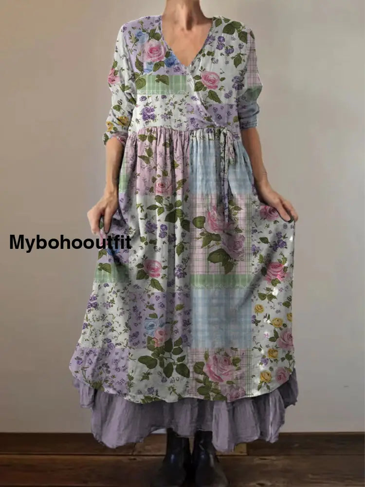 Retro Boho Floral Print Vintage V-Neck Double Hemline Cotton Long Sleeve Midi Dress A / S