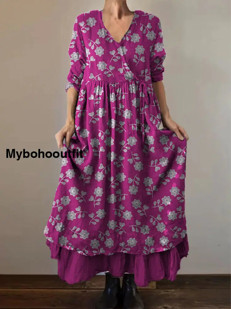 Retro Boho Floral Print Vintage V-Neck Double Hemline Cotton Long Sleeve Midi Dress A / S