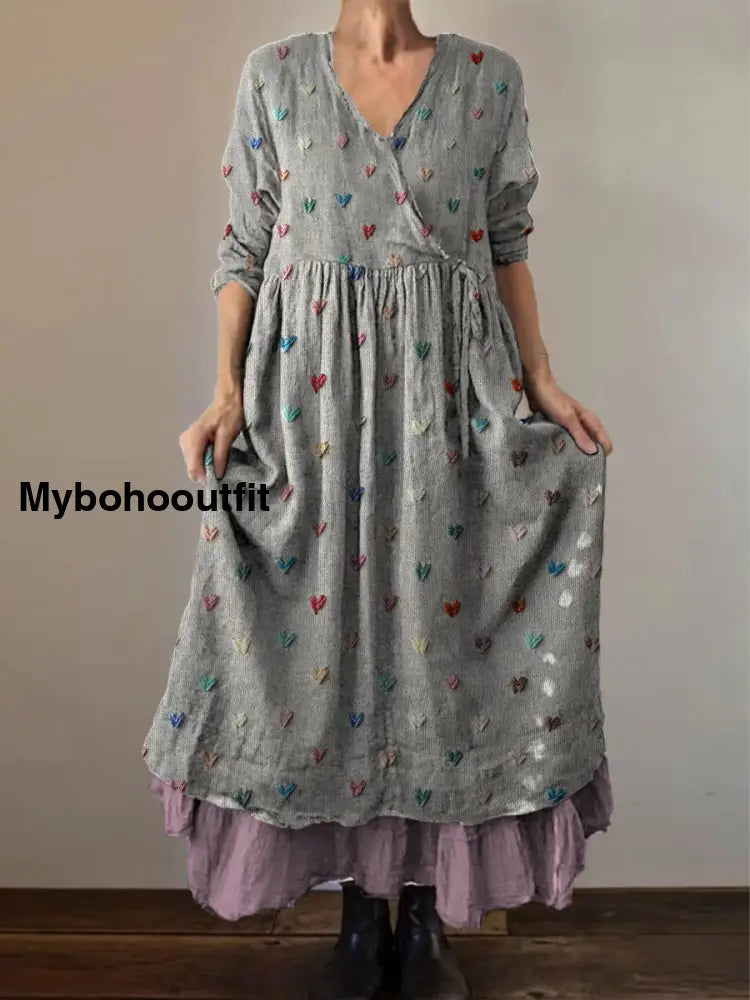 Retro Boho Floral Print Vintage V-Neck Double Hemline Cotton Long Sleeve Midi Dress A / S