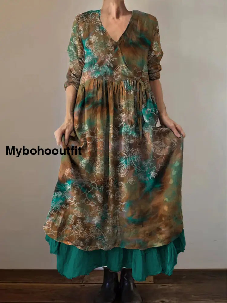 Retro Boho Floral Print Vintage V-Neck Double Hemline Cotton Long Sleeve Midi Dress A / S