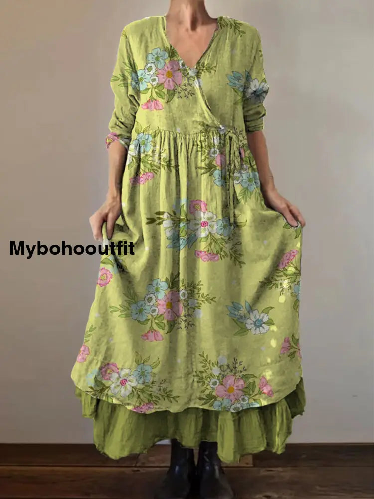 Retro Boho Floral Print Vintage V-Neck Double Hemline Cotton Long Sleeve Midi Dress A / S