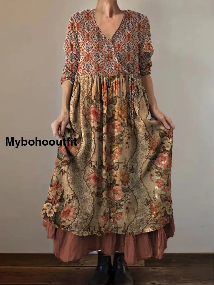 Retro Boho Floral Print Vintage V-Neck Double Hemline Cotton Long Sleeve Midi Dress A / S