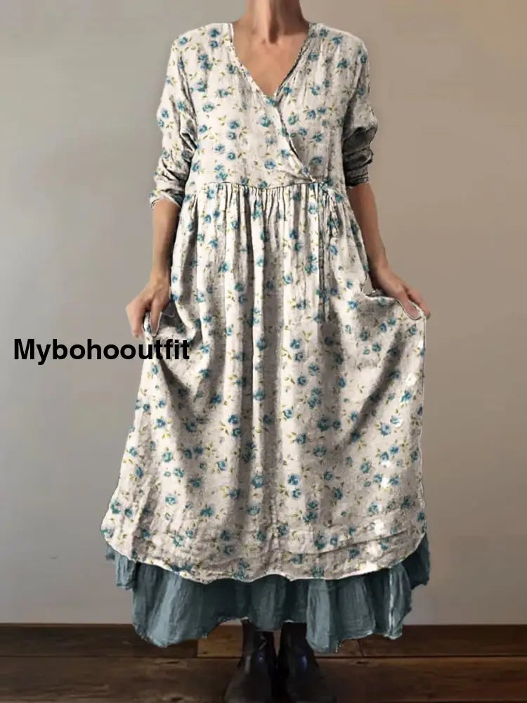 Retro Boho Floral Print Vintage V-Neck Double Hemline Cotton Long Sleeve Midi Dress A / S