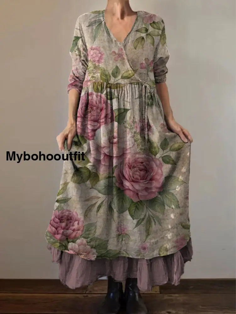 Retro Boho Floral Print Vintage V-Neck Double Hemline Cotton Long Sleeve Midi Dress A / S
