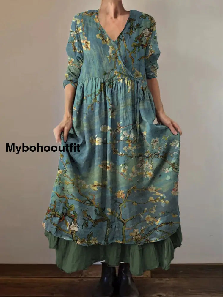 Retro Boho Floral Print Vintage V-Neck Double Hemline Cotton Long Sleeve Midi Dress A / S