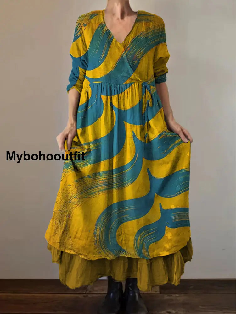 Retro Boho Floral Print Vintage V-Neck Double Hemline Cotton Long Sleeve Midi Dress A / S