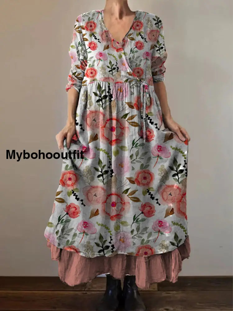 Retro Boho Floral Print Vintage V-Neck Double Hemline Cotton Long Sleeve Midi Dress A / S