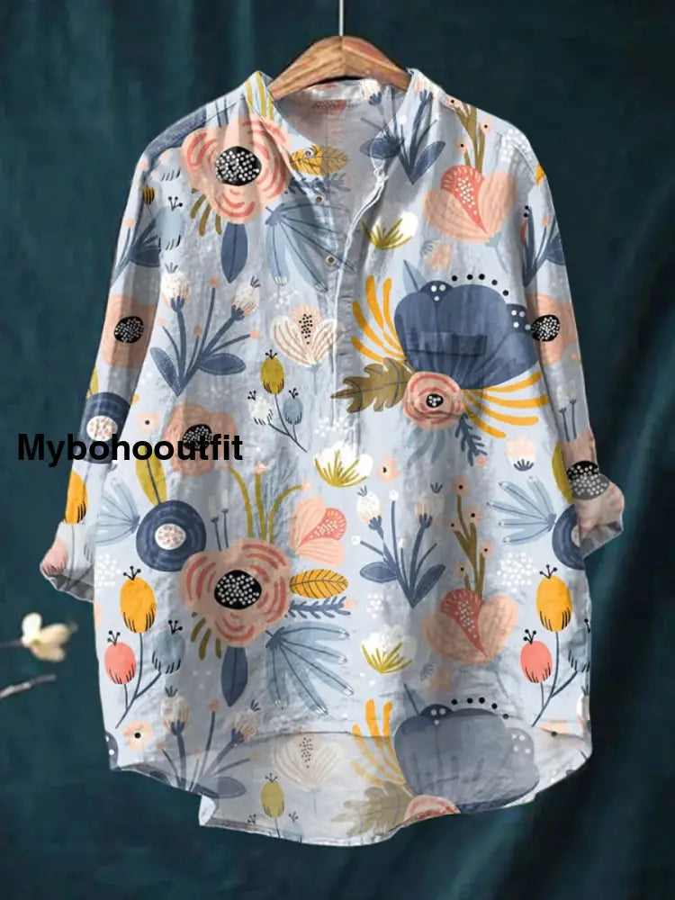 Retro Boho Floral Printed Casual Long Sleeve Comfortable Cotton Shirt A / S