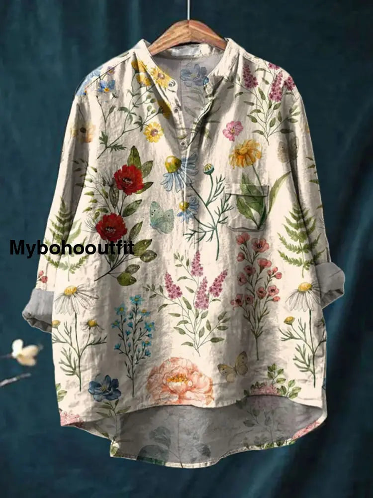 Retro Boho Floral Printed Casual Long Sleeve Comfortable Cotton Shirt A / S