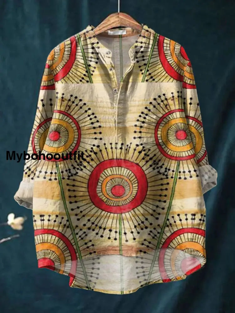 Retro Boho Floral Printed Casual Long Sleeve Comfortable Cotton Shirt A / S
