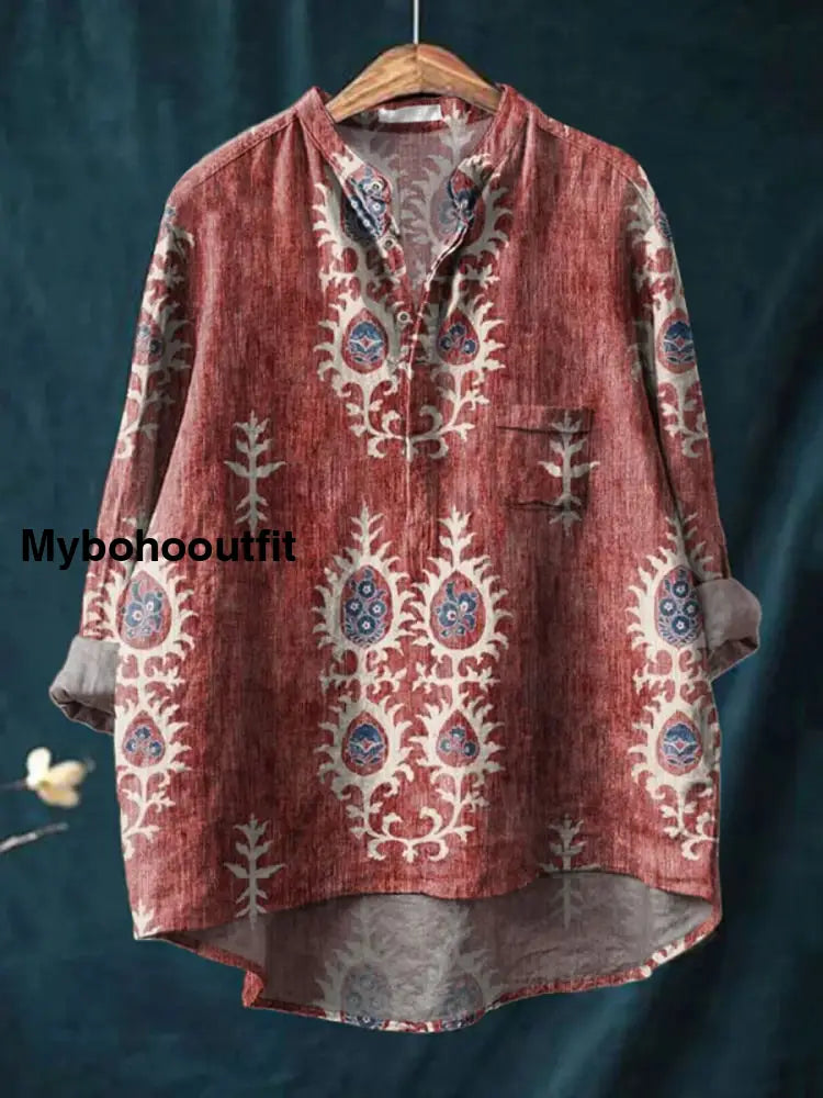 Retro Boho Floral Printed Casual Long Sleeve Comfortable Cotton Shirt B / S