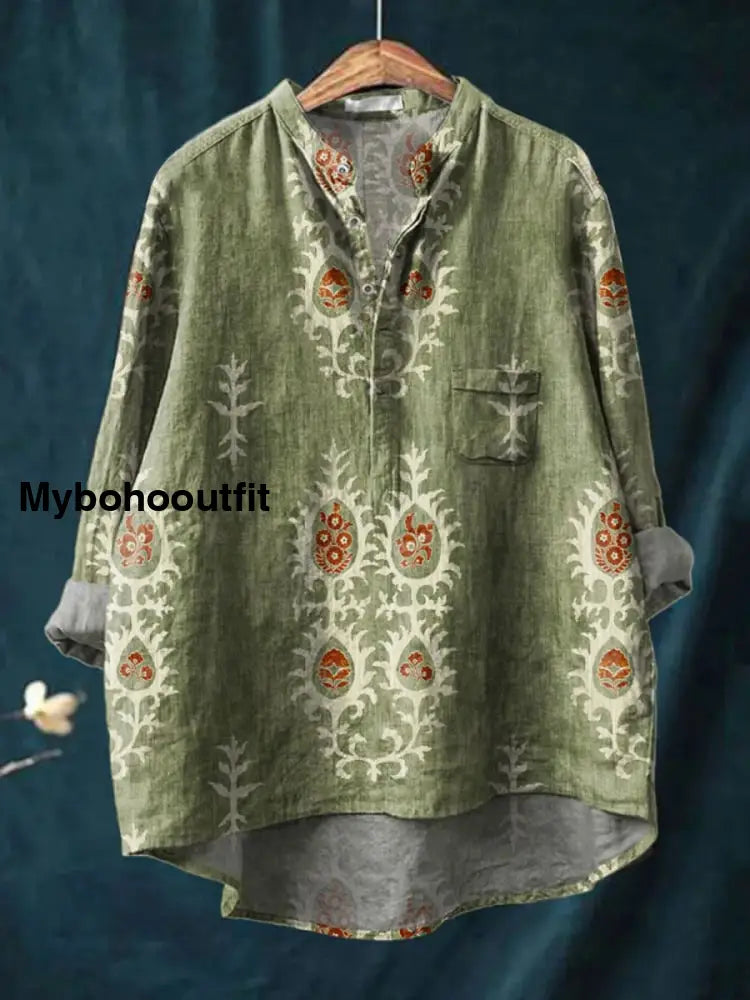Retro Boho Floral Printed Casual Long Sleeve Comfortable Cotton Shirt D / S