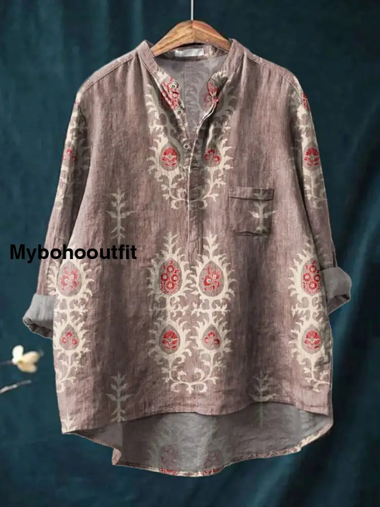 Retro Boho Floral Printed Casual Long Sleeve Comfortable Cotton Shirt E / S