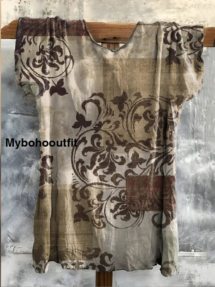 Retro Boho Floral Printed Crew-Neck Vintage Comfortable Cotton Casual T-Shirt A / S