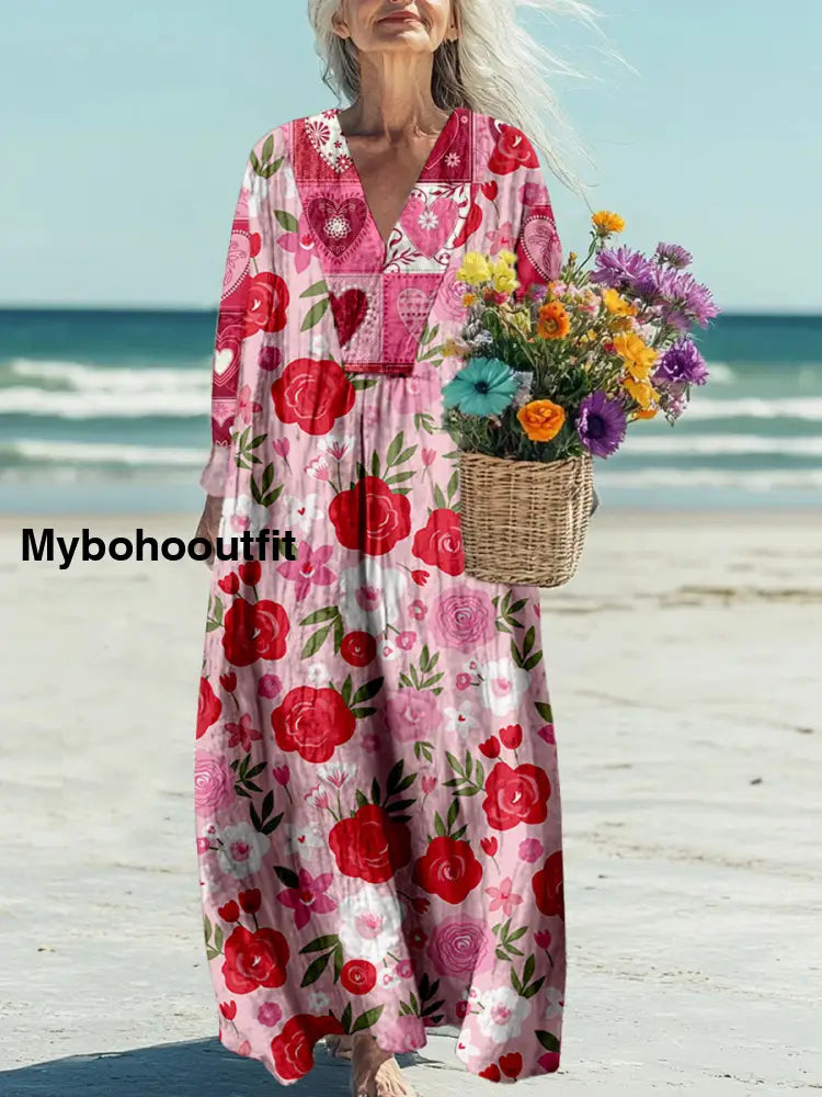 Retro Boho Floral Printed V-Neck Vintage Loose Long Cotton Sleeves Midi Dress A / S