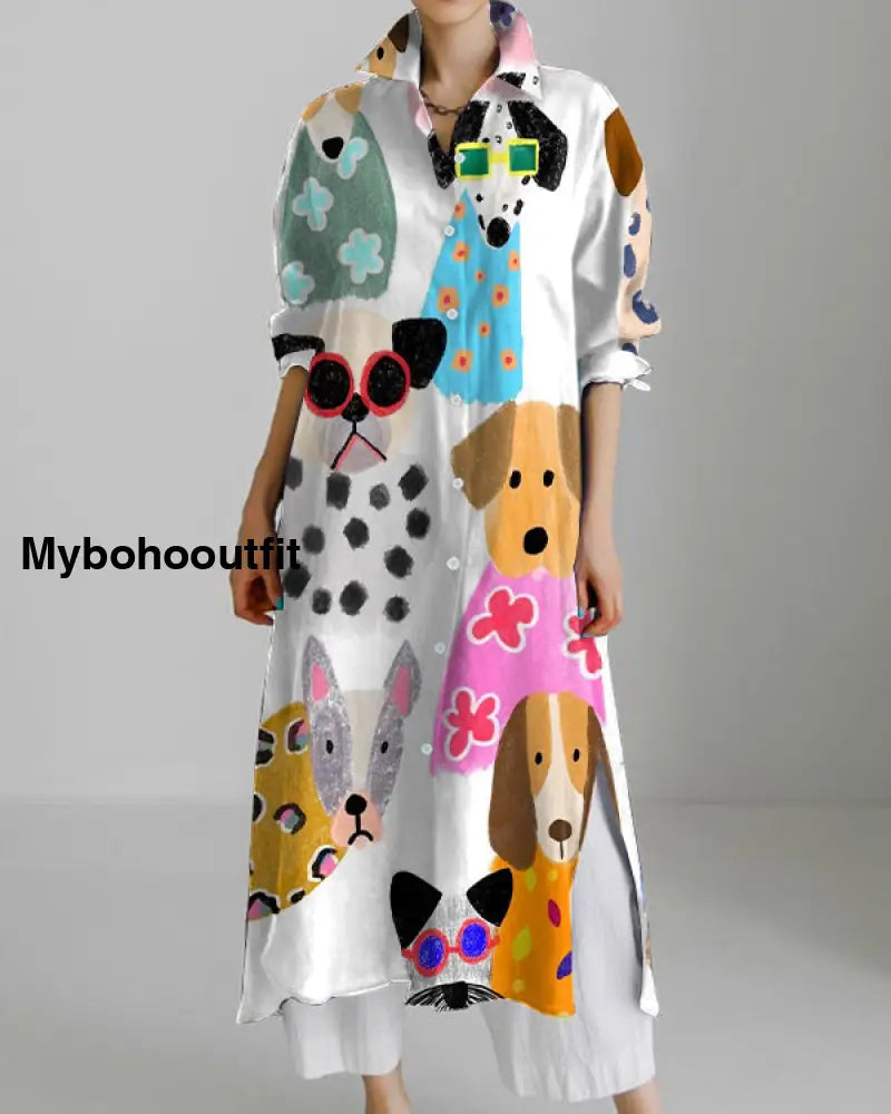 Retro Cartoon Dog Long Sleeve Slit Shirt Dress White / S