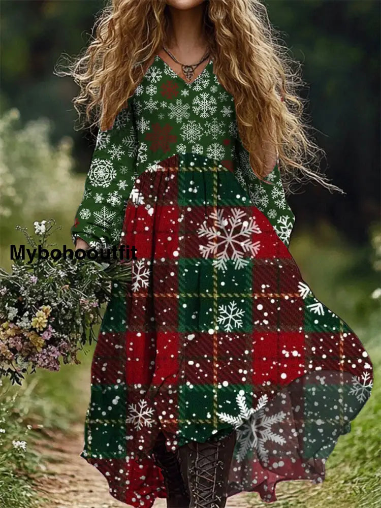Retro Christmas Art Print V-Neck Elegant Chic Loose Long Sleeve Midi Dress A / S