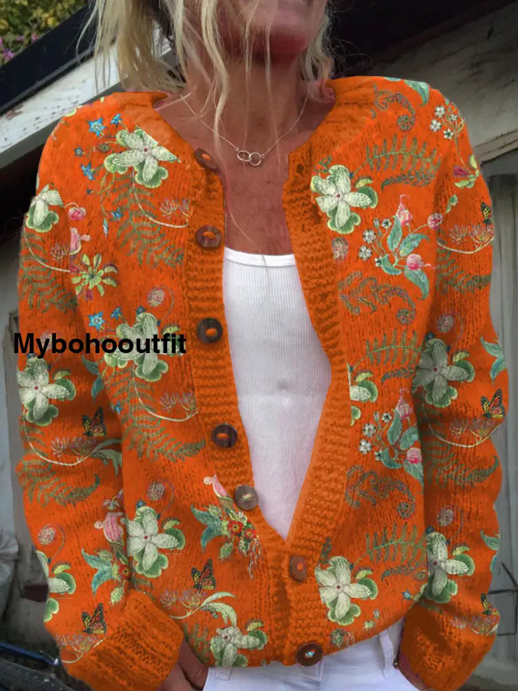 Retro Elegant Art Print Chic Button Thick Long Sleeve Cardigan Sweater A / S