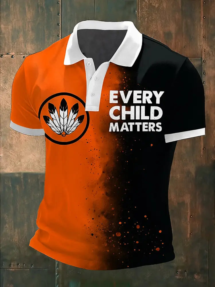 Retro Every Child Matters Printed Vintage Texture V-Neck Short Sleeves Polo-Shirt