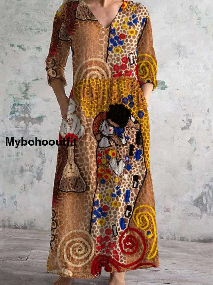 Retro Floral Art Print Chic V-Neck Three-Quarter Sleeve Elegant Midi Dress A / S