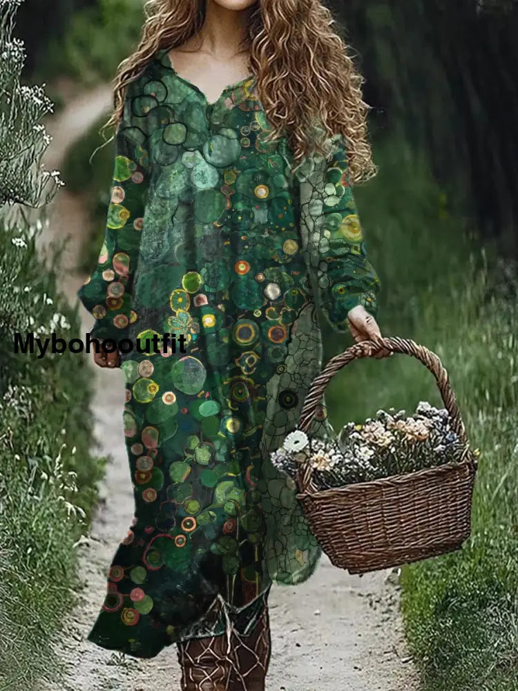 Retro Floral Art Print V-Neck Elegant Chic Loose Long Sleeve Midi Dress A / S