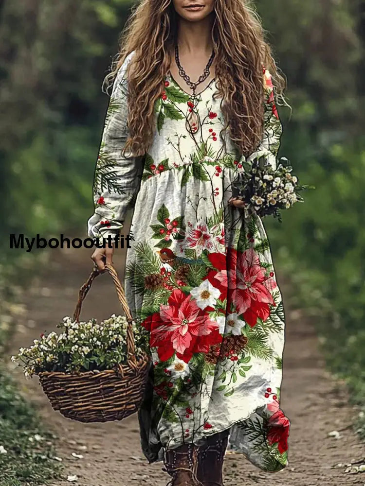 Retro Floral Art Print V-Neck Elegant Chic Loose Long Sleeve Midi Dress A / S