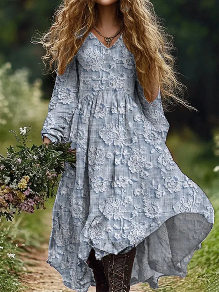 Retro Floral Art Print V-Neck Elegant Chic Loose Long Sleeve Midi Dress C / S
