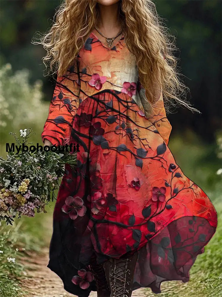 Retro Floral Art Print V Neck Elegant Chic Loose Long Sleeve Midi Length Dress A / S