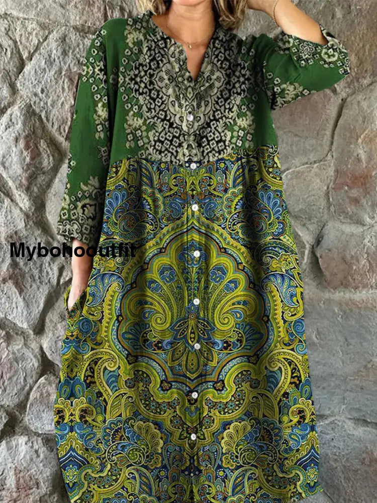 Retro Floral Art Print Vintage Chic V-Neck Button Up Long Sleeve Midi Dress A / S