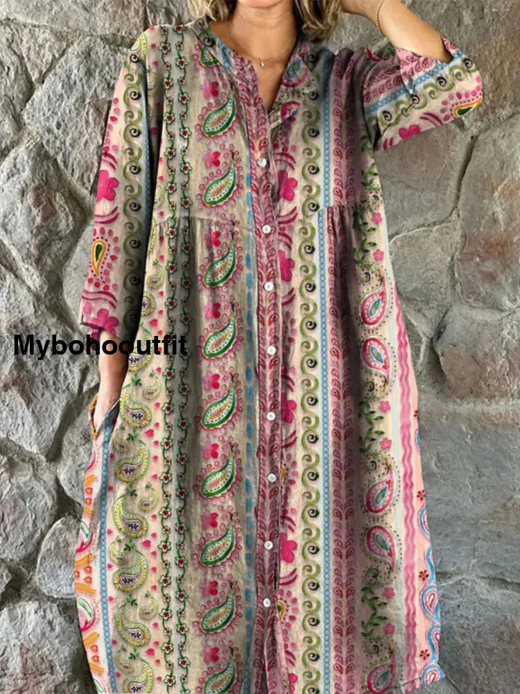 Retro Floral Art Print Vintage Chic V-Neck Button Up Long Sleeve Midi Dress A / S