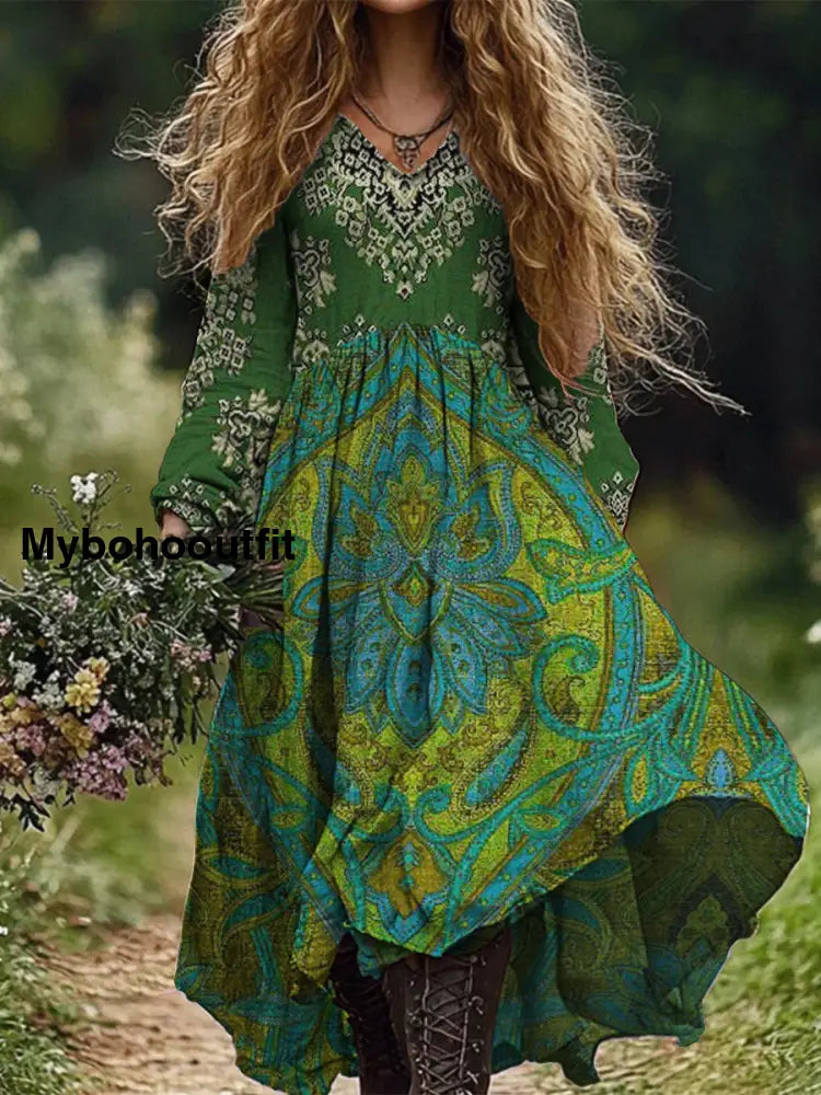 Retro Floral Art Print Vintage Chic V-Neck Button Up Long Sleeve Midi Dress A / S