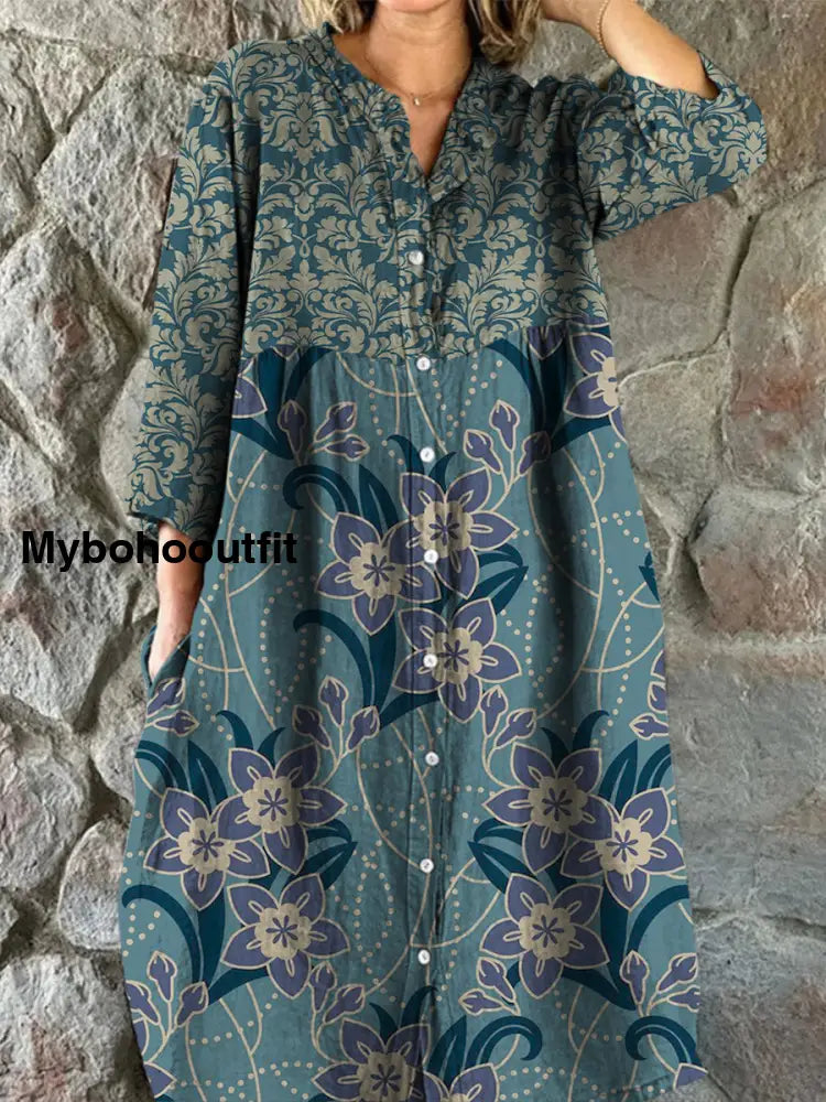Retro Floral Art Print Vintage Chic V-Neck Button Up Long Sleeve Midi Dress A / S