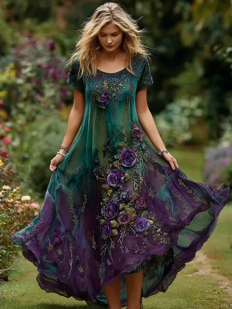 Retro Floral Art Print Vintage Round Neck Short Sleeves Cotton Maxi Dress B / S