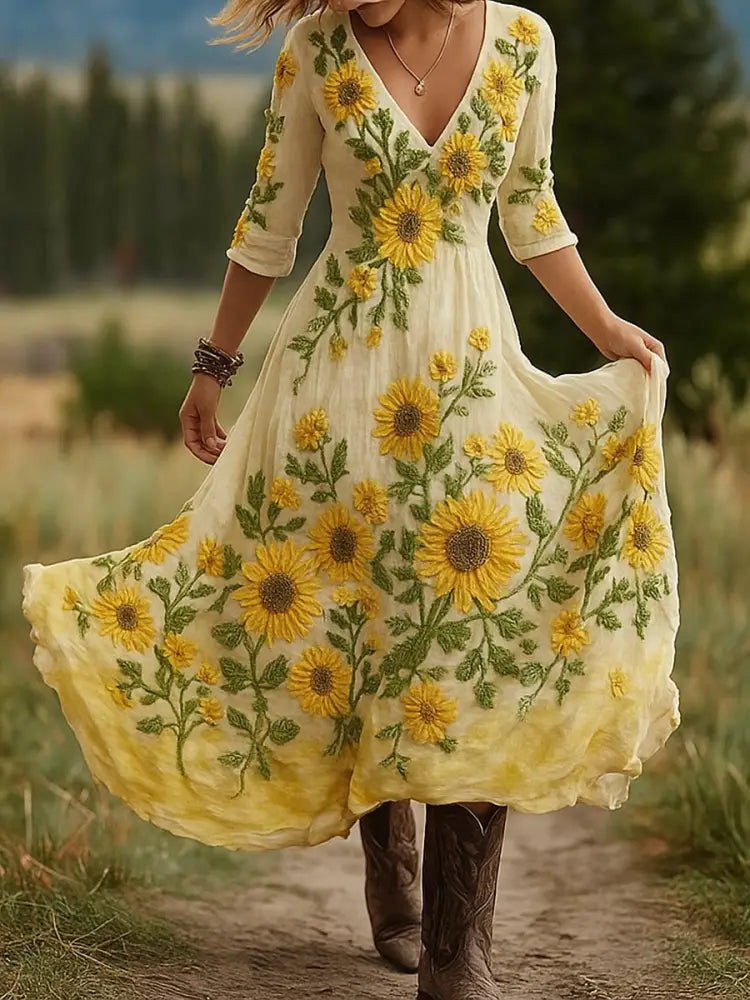Retro Floral Art Print Vintage V-Neck Long-Sleeved Cotton Maxi Dress A / S