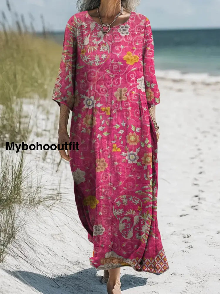 Retro Floral Art Printed Round Neck Vintage Loose Long Sleeves Midi Dress A / S