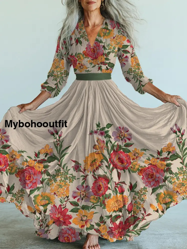 Retro Floral Art Printed Vintage V-Neck Long Sleeves Midi Dress A / S