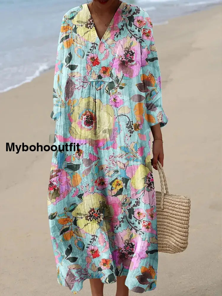 Retro Floral Art Printed Wide Edge V-Neck Vintage Loose Long Sleeves Midi Dress A / S