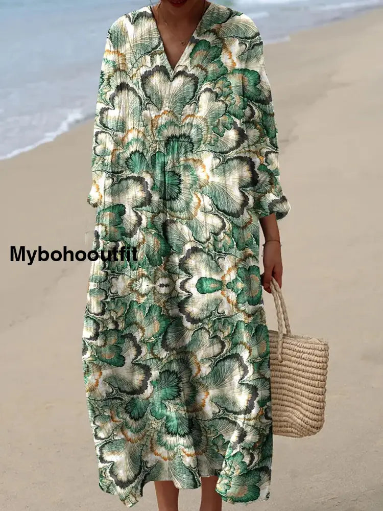 Retro Floral Art Printed Wide Edge V-Neck Vintage Loose Long Sleeves Midi Dress A / S