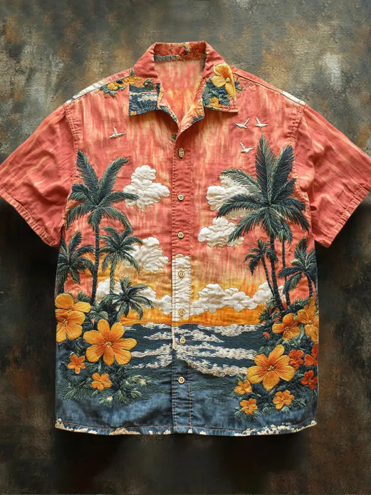 Retro Hawaii Tropical Floral Pattern Printed Vintage V-Neck Button Short Sleeves Shirt A / S
