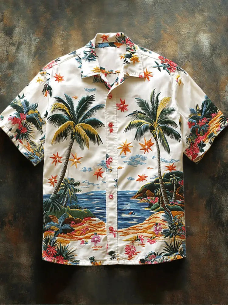Retro Hawaii Tropical Floral Pattern Printed Vintage V-Neck Button Short Sleeves Shirt A / S