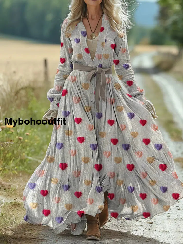Retro Love Heart Print Vintage Chic Waist Strap V-Neck Cotton Long Sleeve Midi Dress A / S